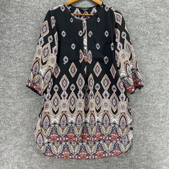 5/$45 Roz & Ali Dress Women M Medium Black Geometric Shift Short Crew Neck - Picture 1 of 9